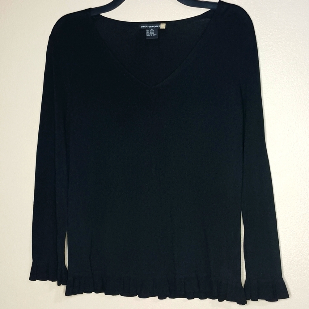 Sweaterworks Lightweight V-Neck Sweater with Ruffles
